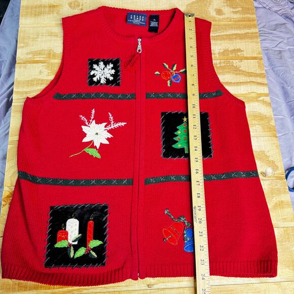Christmas Sweater Vest Petite Women's sz Large Red Zipper Tree Poinsettia Snow - Picture 12 of 12